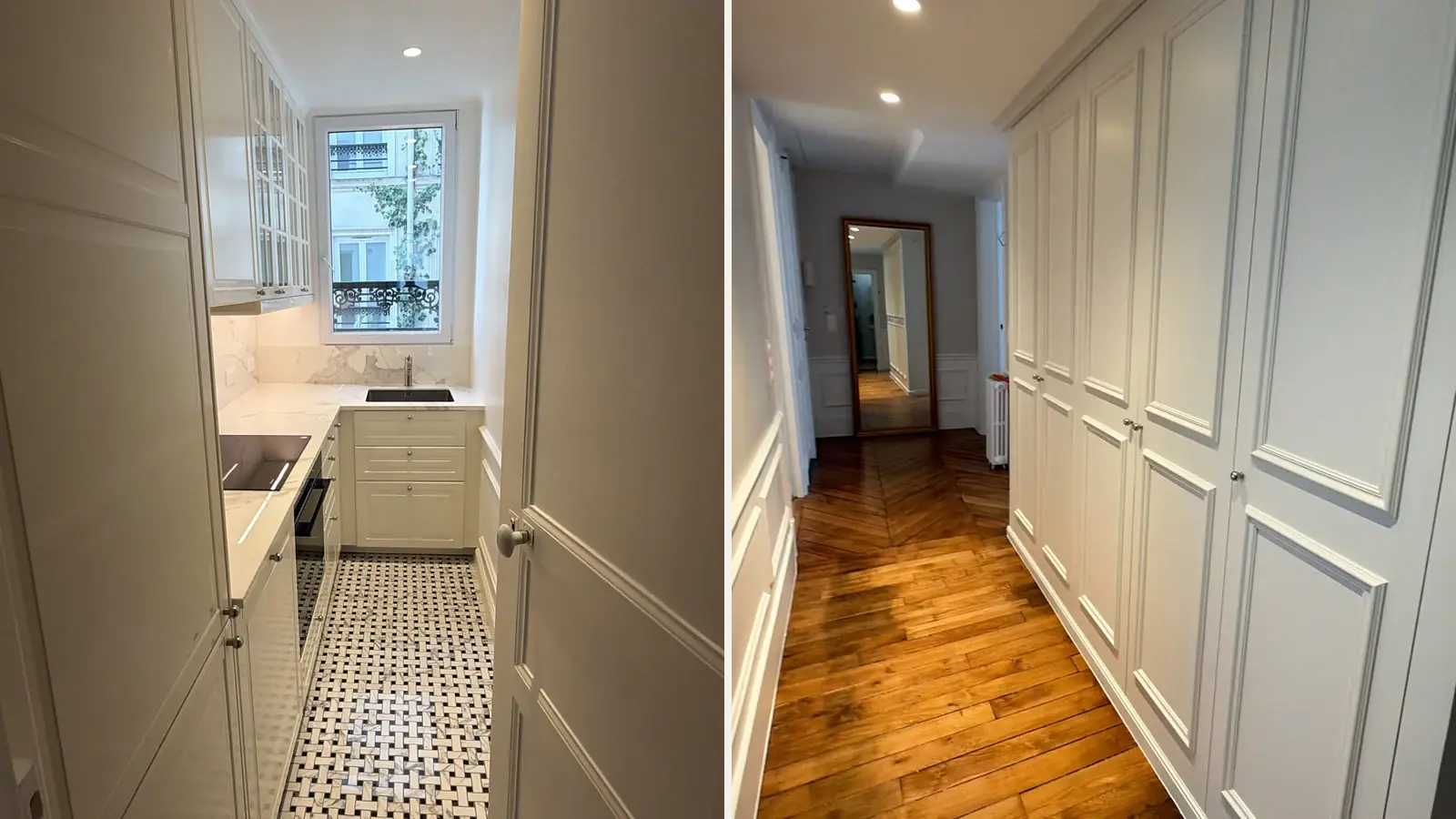 Deux vues d’un appartement ancien rénové : cuisine équipée claire et couloir avec parquet et rangements