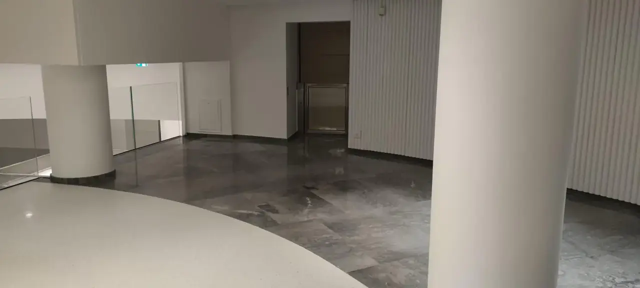 Hall d’accueil avec colonnes rondes, sol en marbre gris et plage en terrazzo blanc