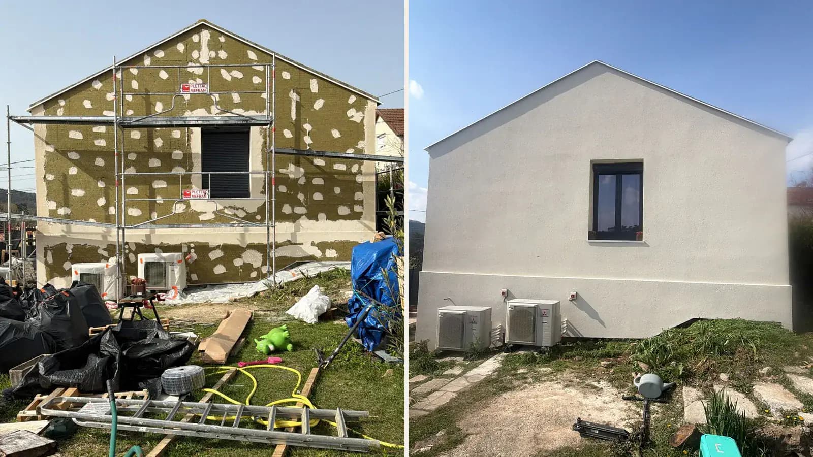 Pignon de maison pendant la pose de l’isolant extérieur, puis après l’enduit de finition